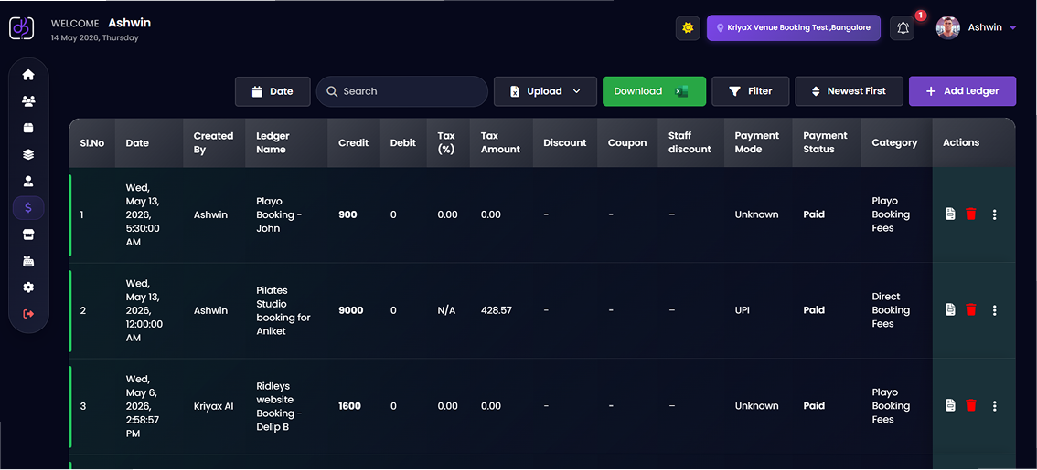 KriyaX billing and venues dashboard preview